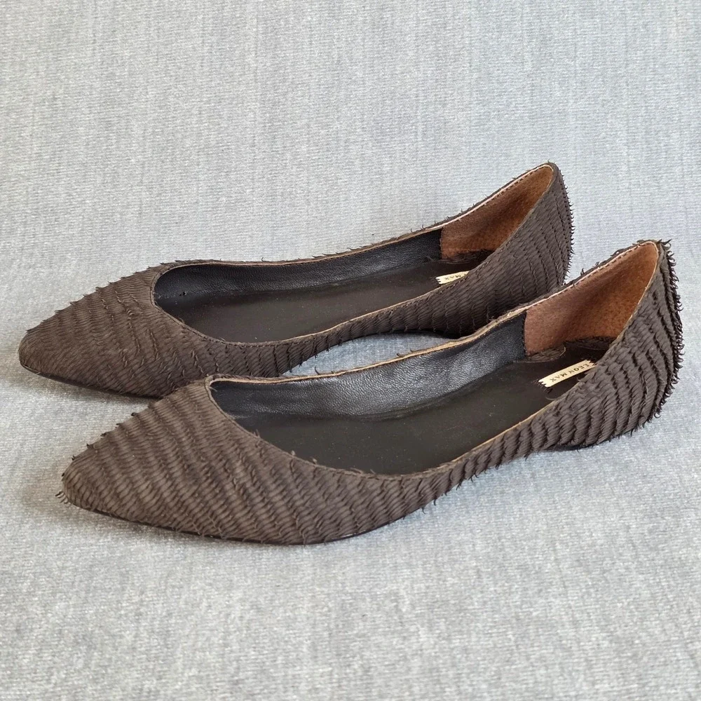 Leon Max Pointed Toe Flats Womens 7M Brown Textured Leather Feathered Fringe